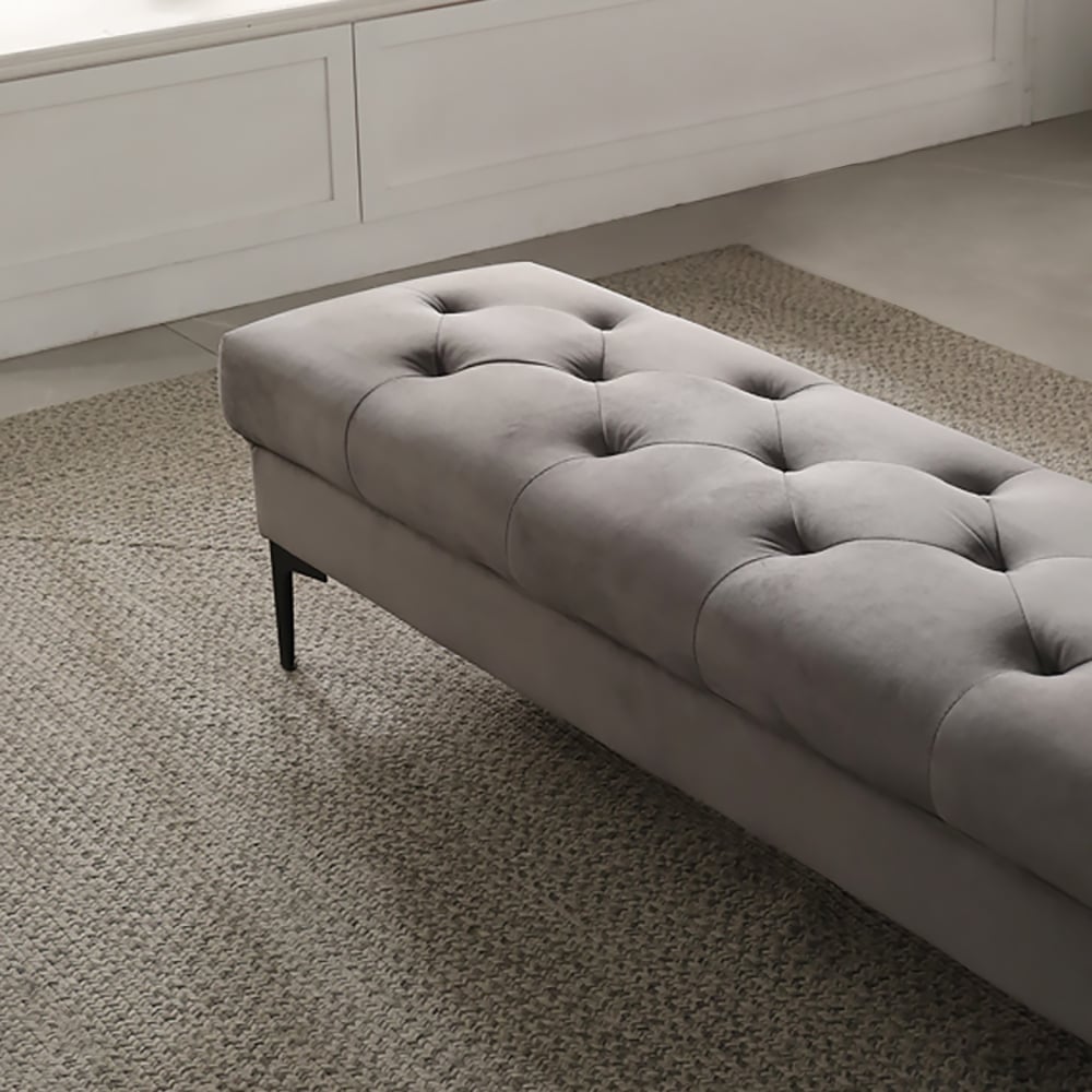 Deep Gray Velvet Upholstered Bench Tufted Entryway Bench Metal Leg Gold window image