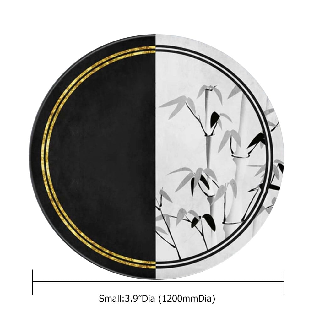 Unique Round Indoor Aera Rug 4' White Black and Gold window image