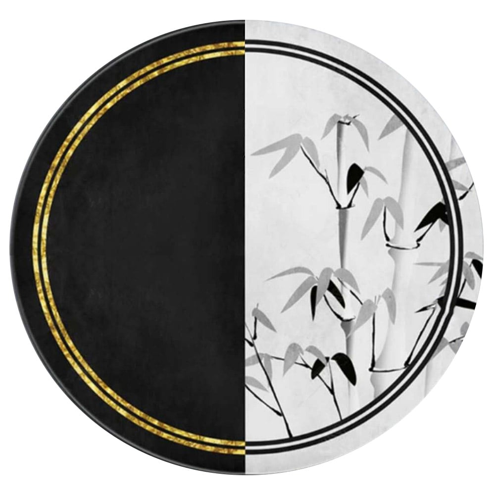 Unique Round Indoor Aera Rug 4' White Black and Gold window image