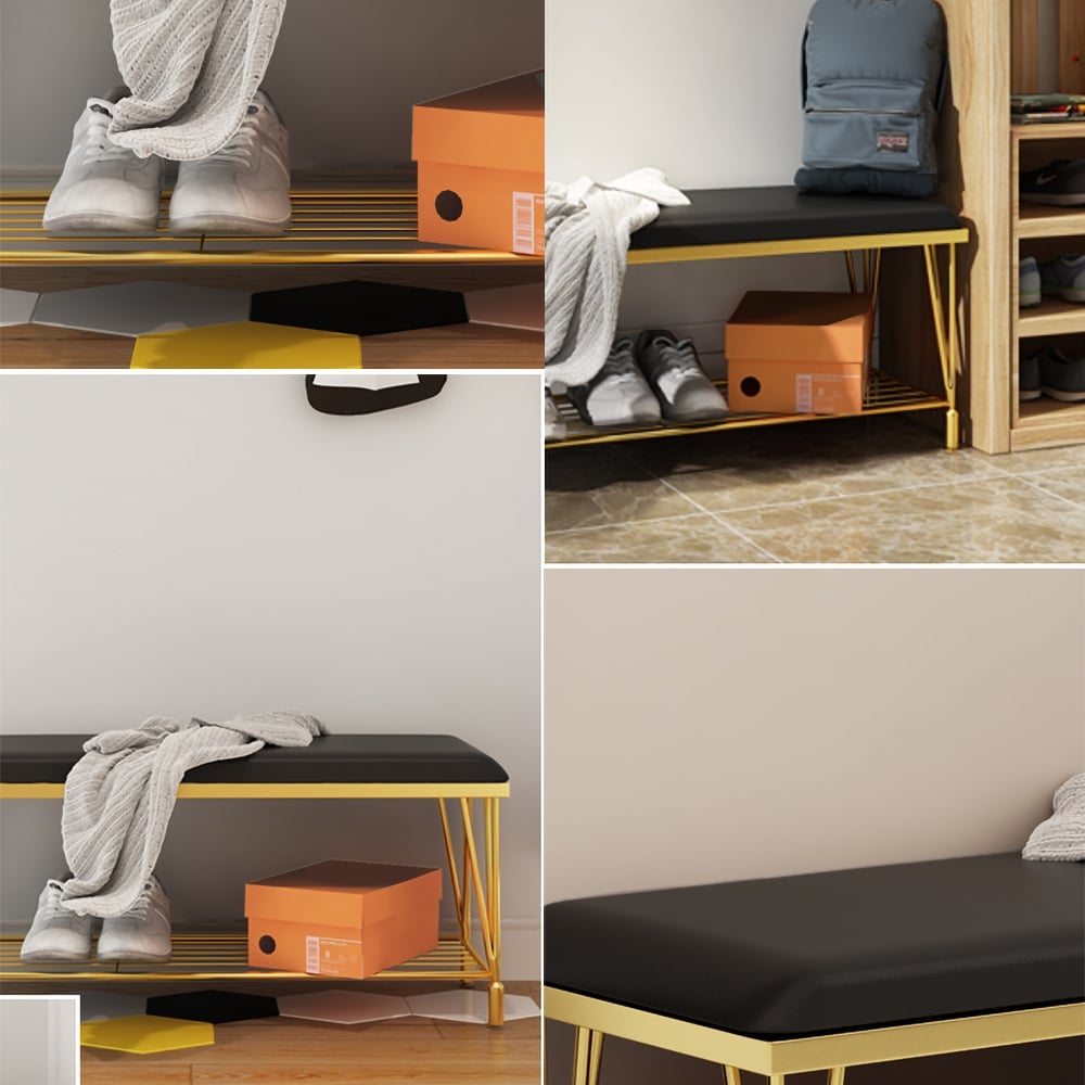 Black Storage Entryway Bench Upholstered PU Leather Modern Bench with Shelf in Gold window image