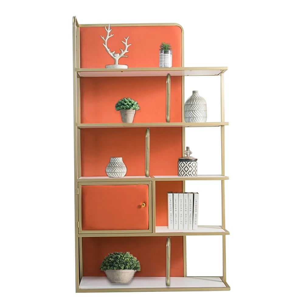 5-Tiers Freestanding Gold Bookshelf with Door in Orange window image