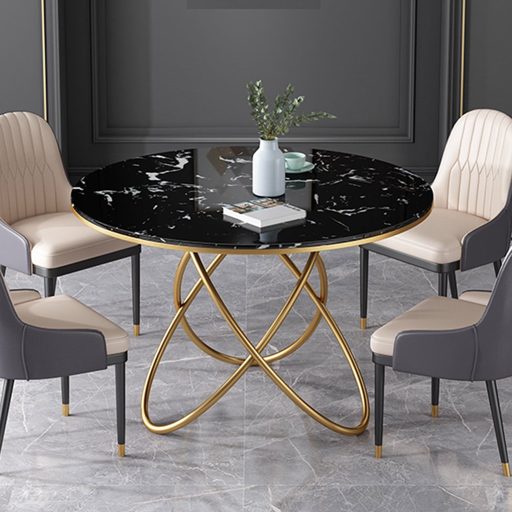 1200mm Modern Black Round Dining Table with Marble Top & Metal Base window image