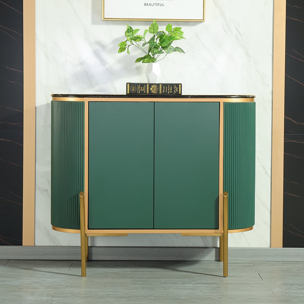 Modern Green Display Cabinet Faux Marble Top Doors & Shelves Cabinet in Small window image