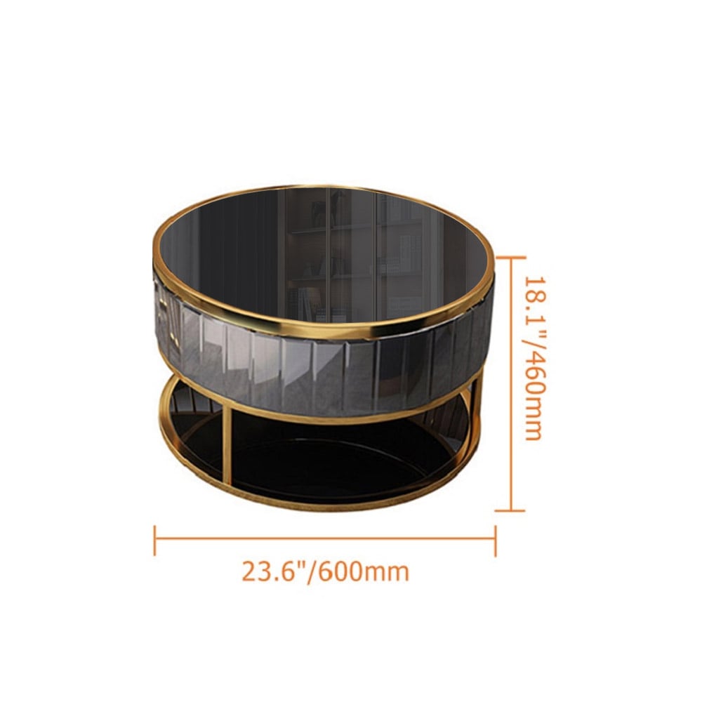 Modern Round Gold & Black Coffee Table with Shelf Tempered Glass Top Table Only weights dimensions image