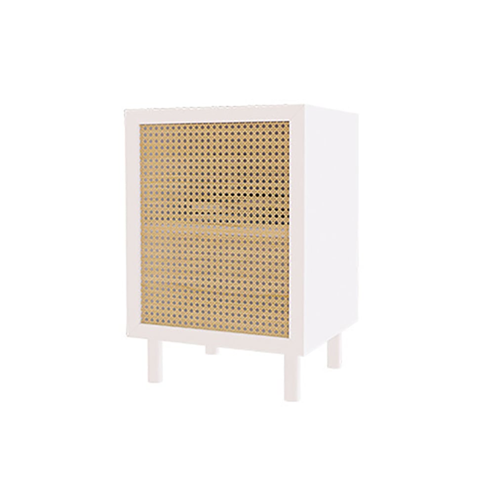 Nordic White Nightstand Rattan Woven Bedside Table with 1 Door &1 Shelf window image