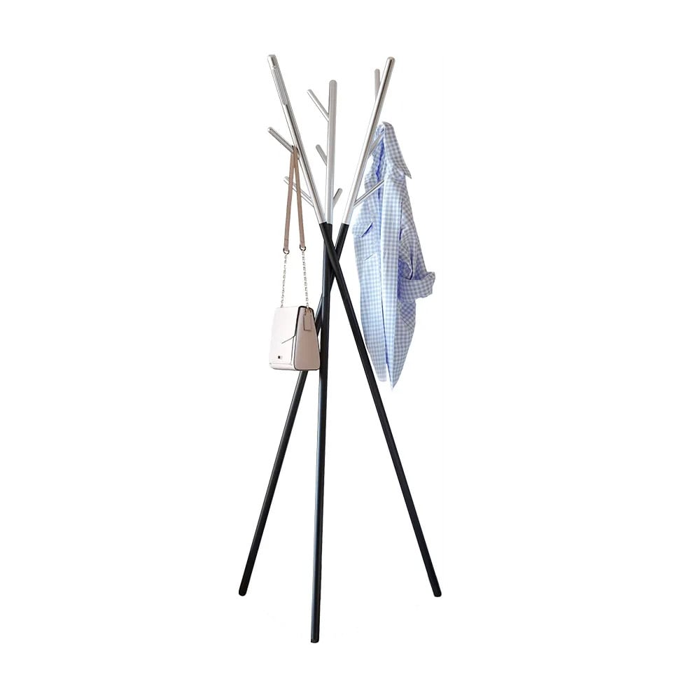 Black and Silver Coat Clothing Rack Metal Coat Tree Stand window image