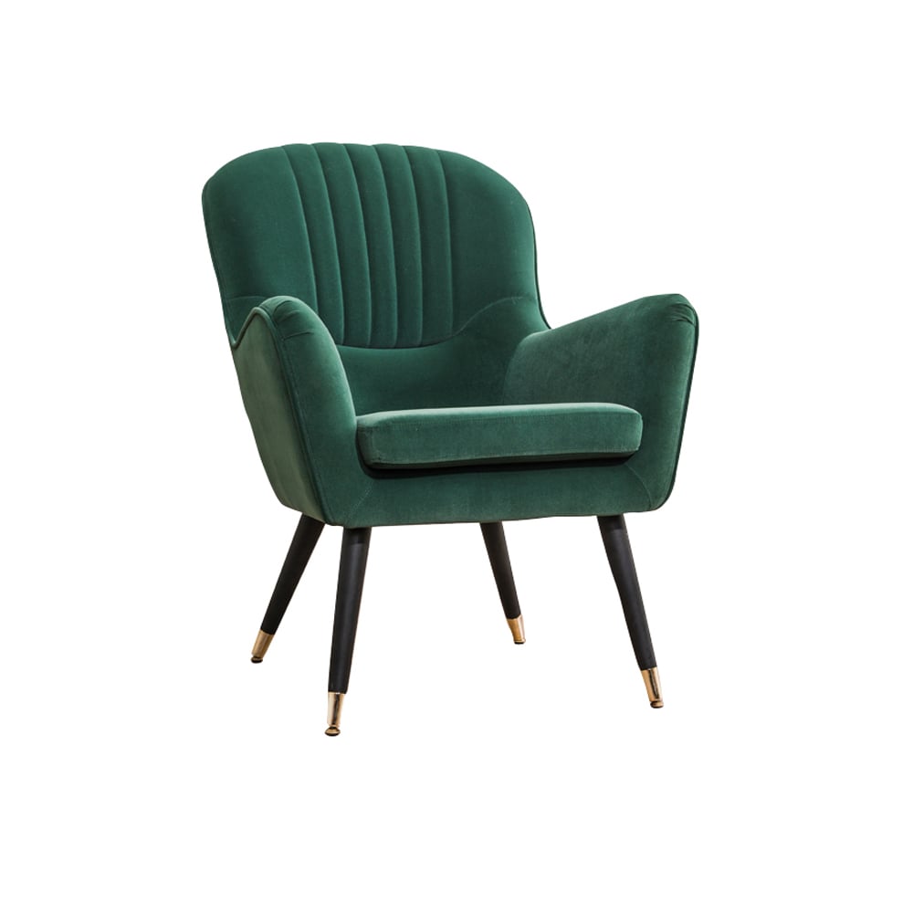 Groene accentstoel Fluwelen gestoffeerde accentstoel Mid-eeuwse stoel Vensterafbeelding
