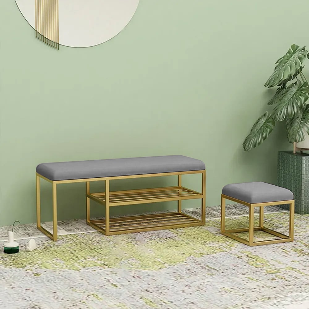 Grey Modern Bench Velvet Upholstered Bench Footstool for Shoe Storage window image