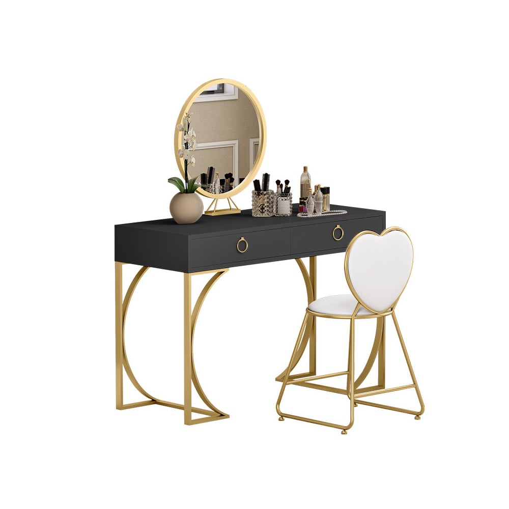Modern Black Makeup Vanity 2-Drawer Dressing Table with Mirror & Faux Leather Stool window image