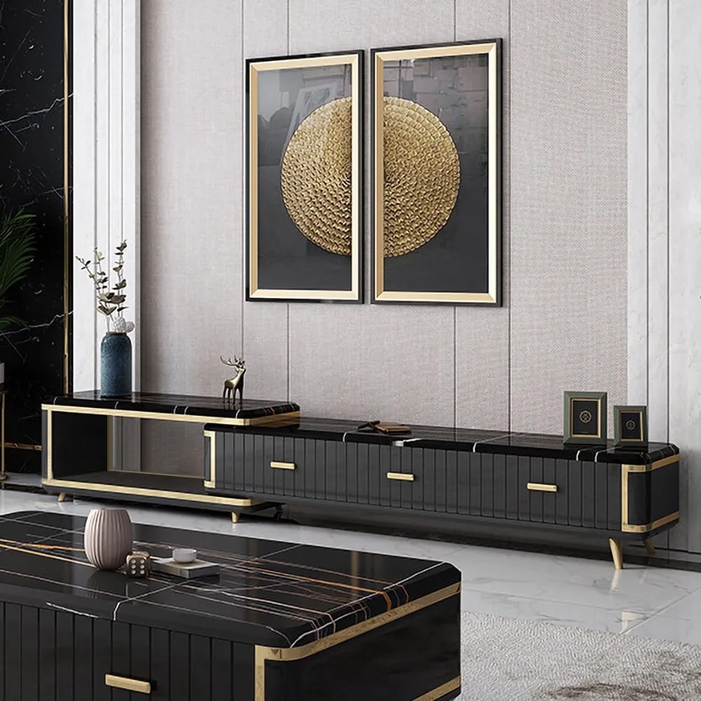 Black Extendable TV Stand Entertainment Cabinet with Storage Faux Marble TV Stand window image