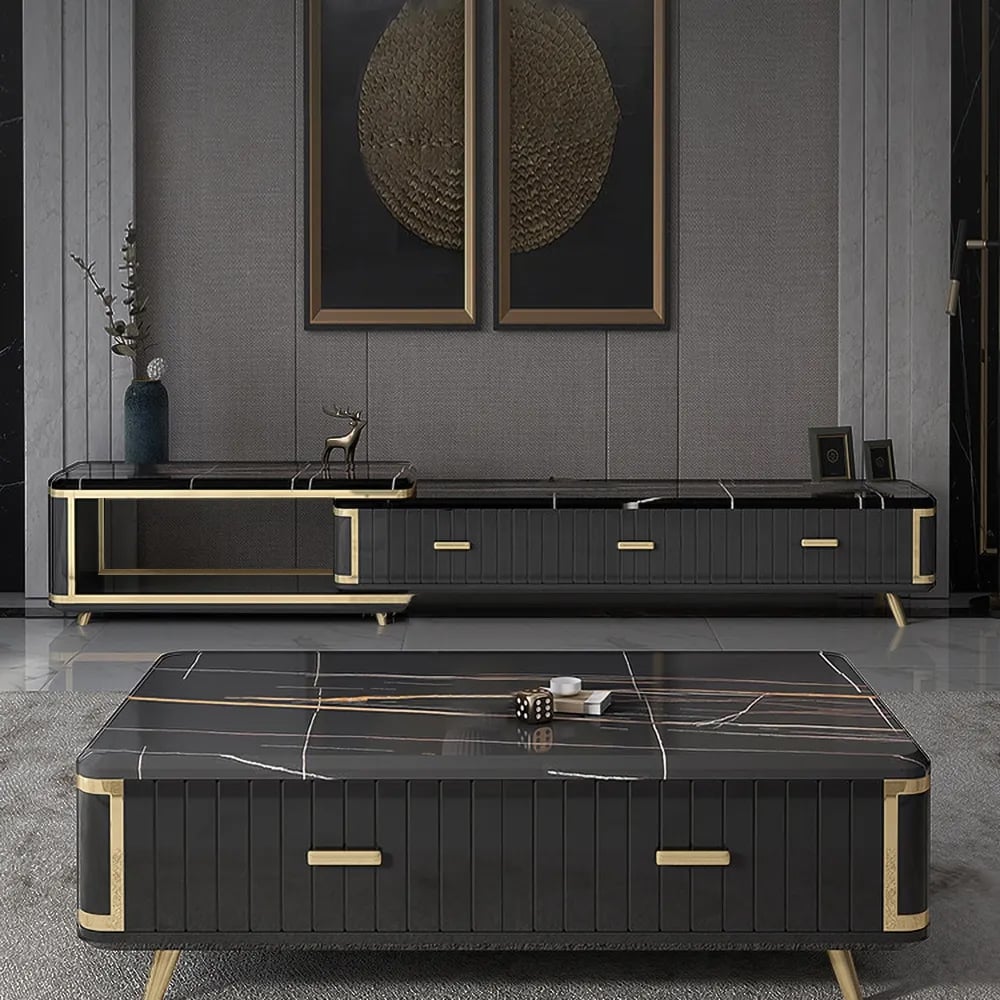 Black Extendable TV Stand Entertainment Cabinet with Storage Faux Marble TV Stand window image