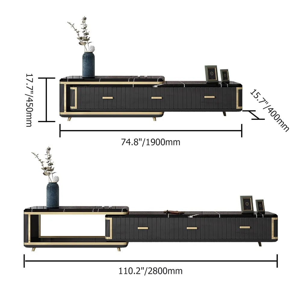 Black Extendable TV Stand Entertainment Cabinet with Storage Faux Marble TV Stand window image