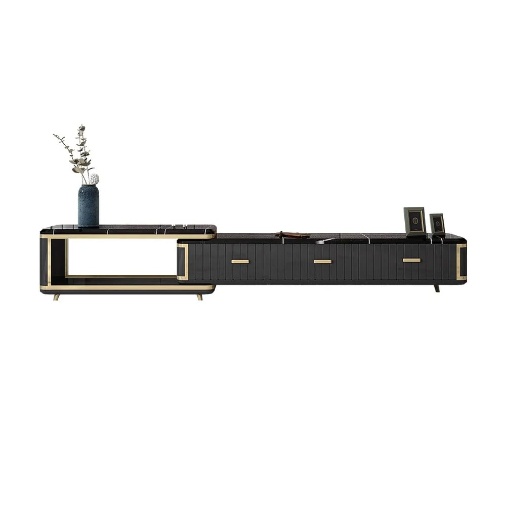 Black Extendable TV Stand Entertainment Cabinet with Storage Faux Marble TV Stand window image