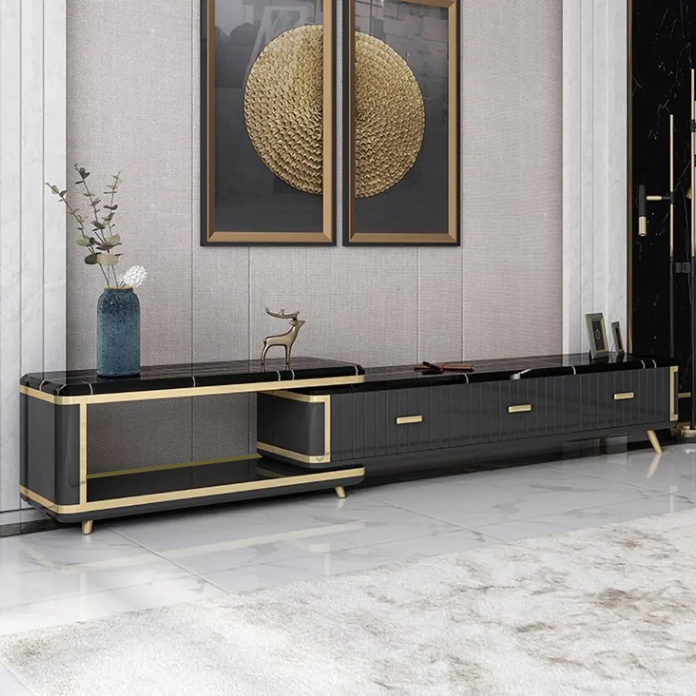 Black Extendable TV Stand Entertainment Cabinet with Storage Faux Marble TV Stand window image