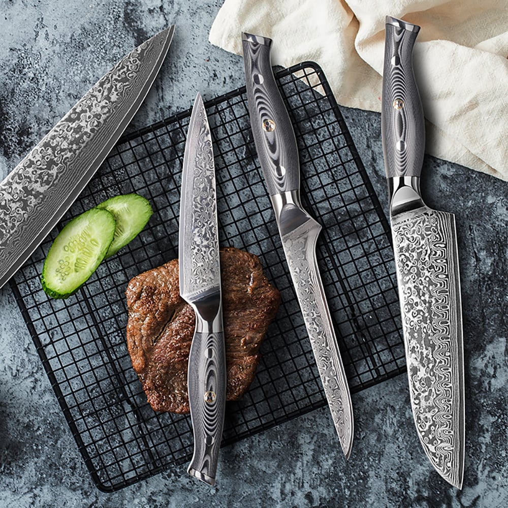 9 Pieces Damascus Kitchen Knife Set with Block Damascus Chef Knives window image