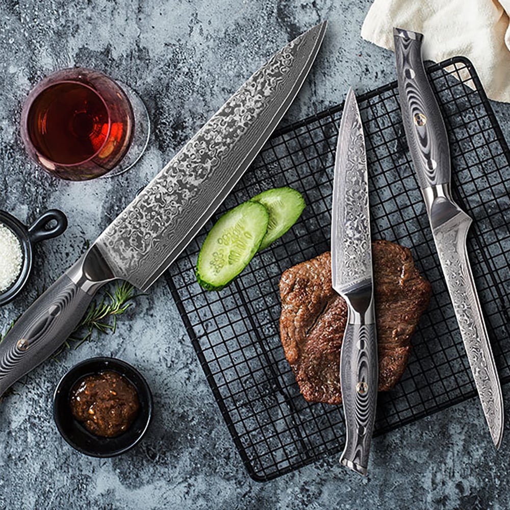9 Pieces Damascus Kitchen Knife Set with Block Damascus Chef Knives window image