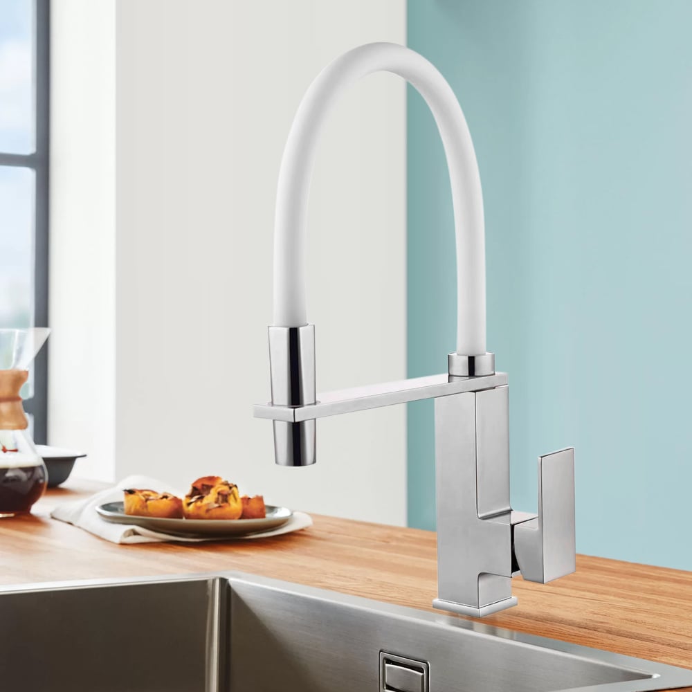 Polished Chrome and White Single Handle Kitchen Sink Faucet Single Hole window image