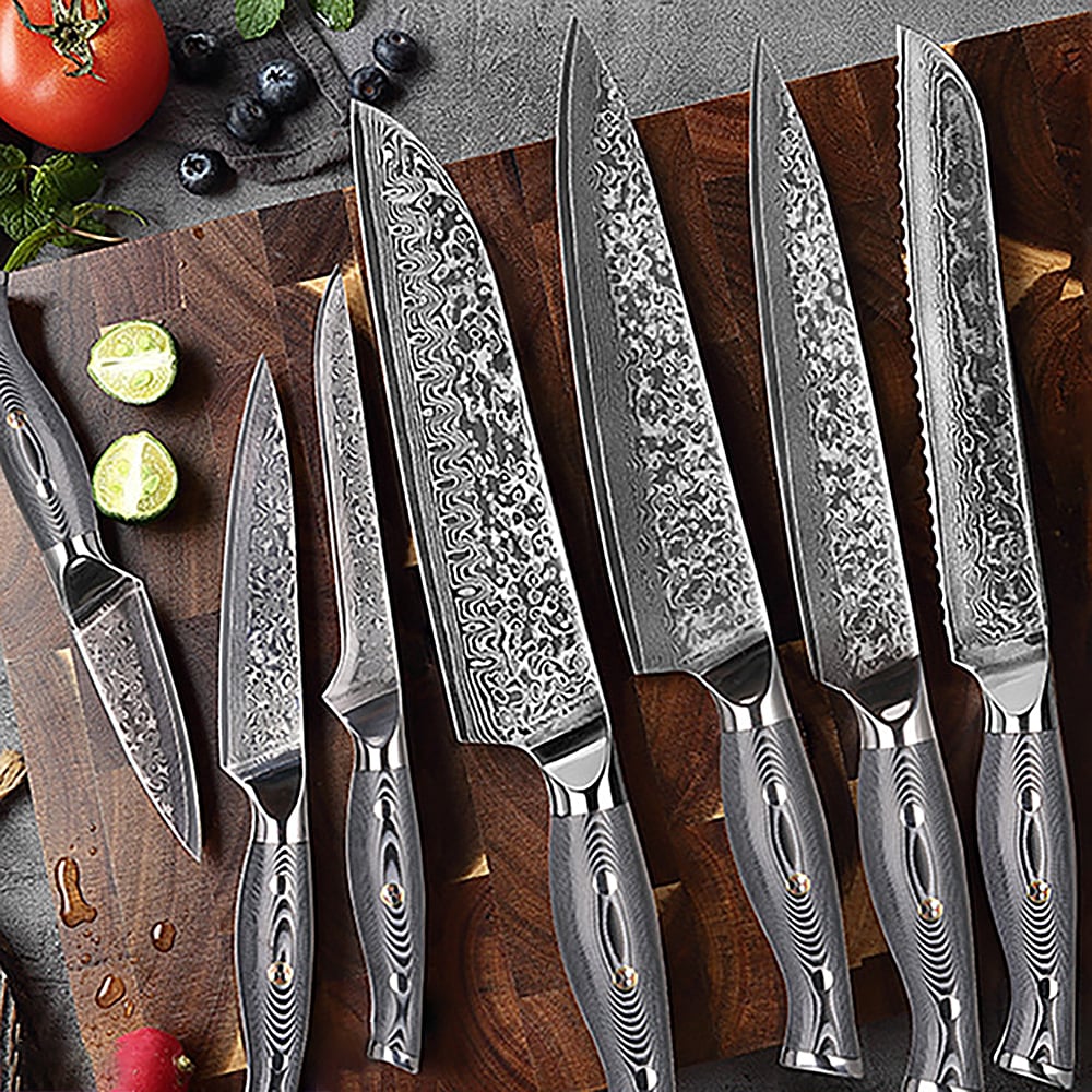9 Pieces Damascus Kitchen Knife Set with Block Damascus Chef Knives window image