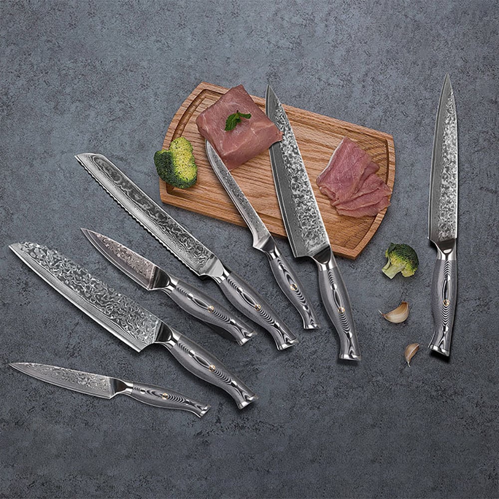 9 Pieces Damascus Kitchen Knife Set with Block Damascus Chef Knives window image