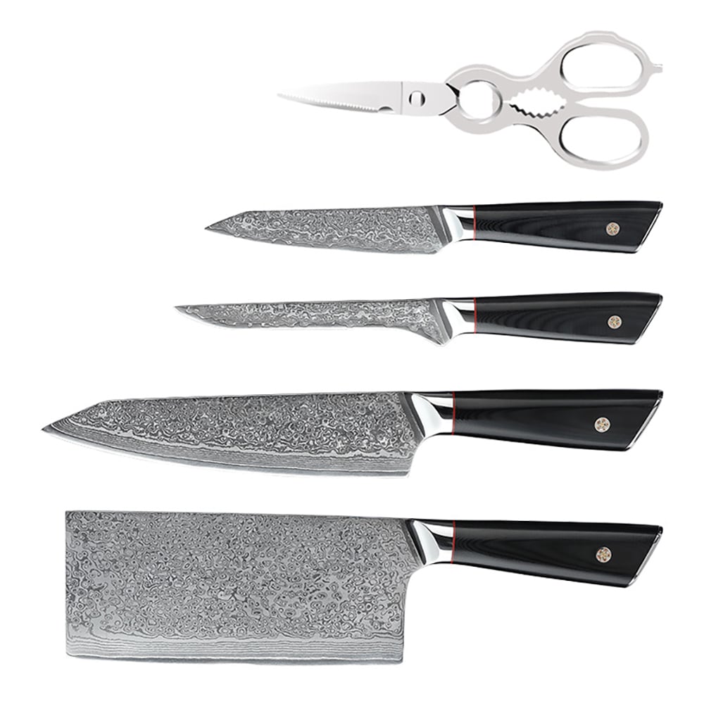6 Pieces Damascus Kitchen Knife Set with Block Damascus Chef Knives