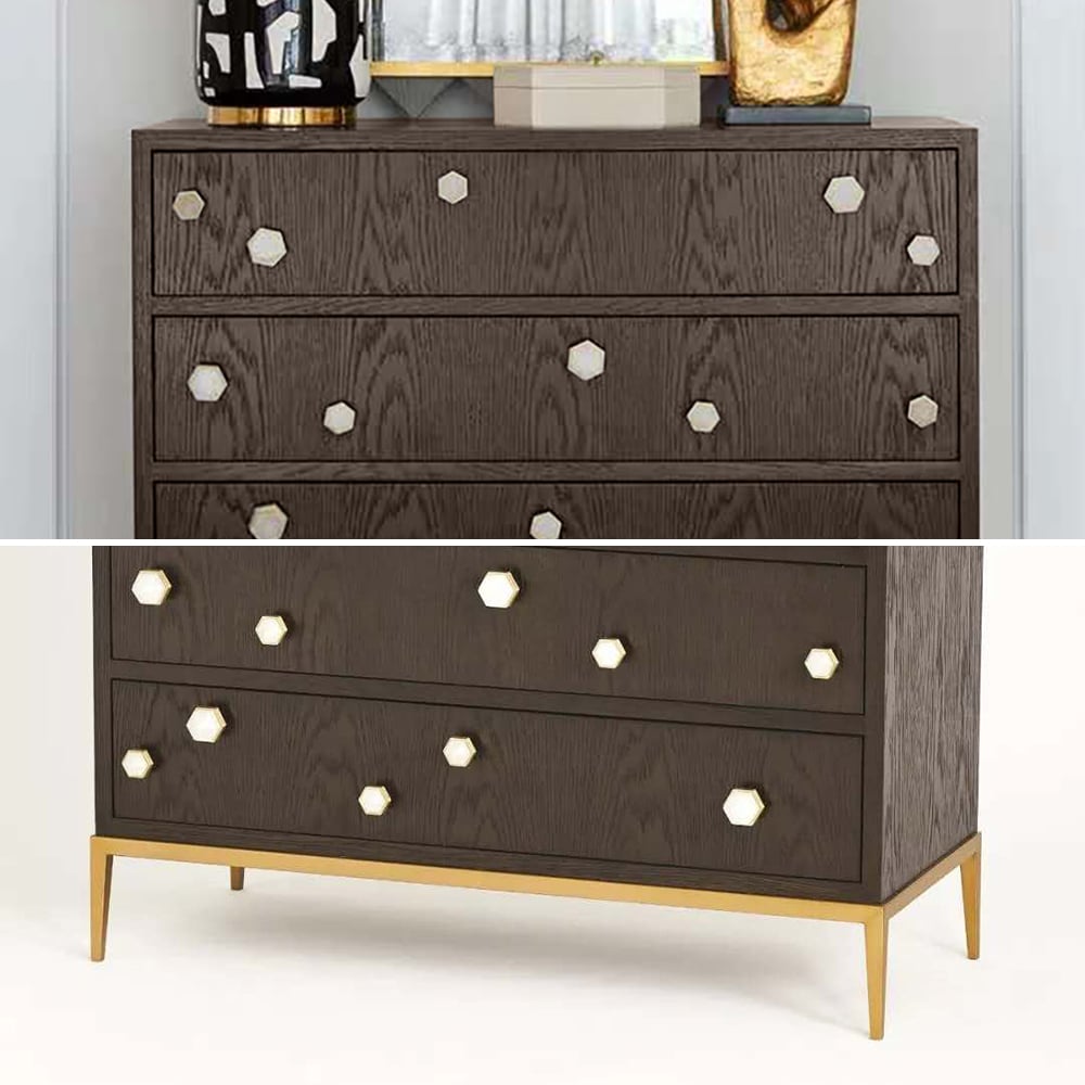 Commode marron à 3 tiroirs 1200 mm, coque hexagonale, poignées, finition dorée image de fenêtre