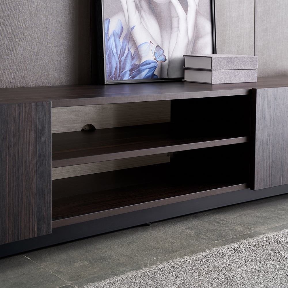 86.6" Modern Brown TV Stand Rectangular Faux Leather Upholstery Media Cabinet window image