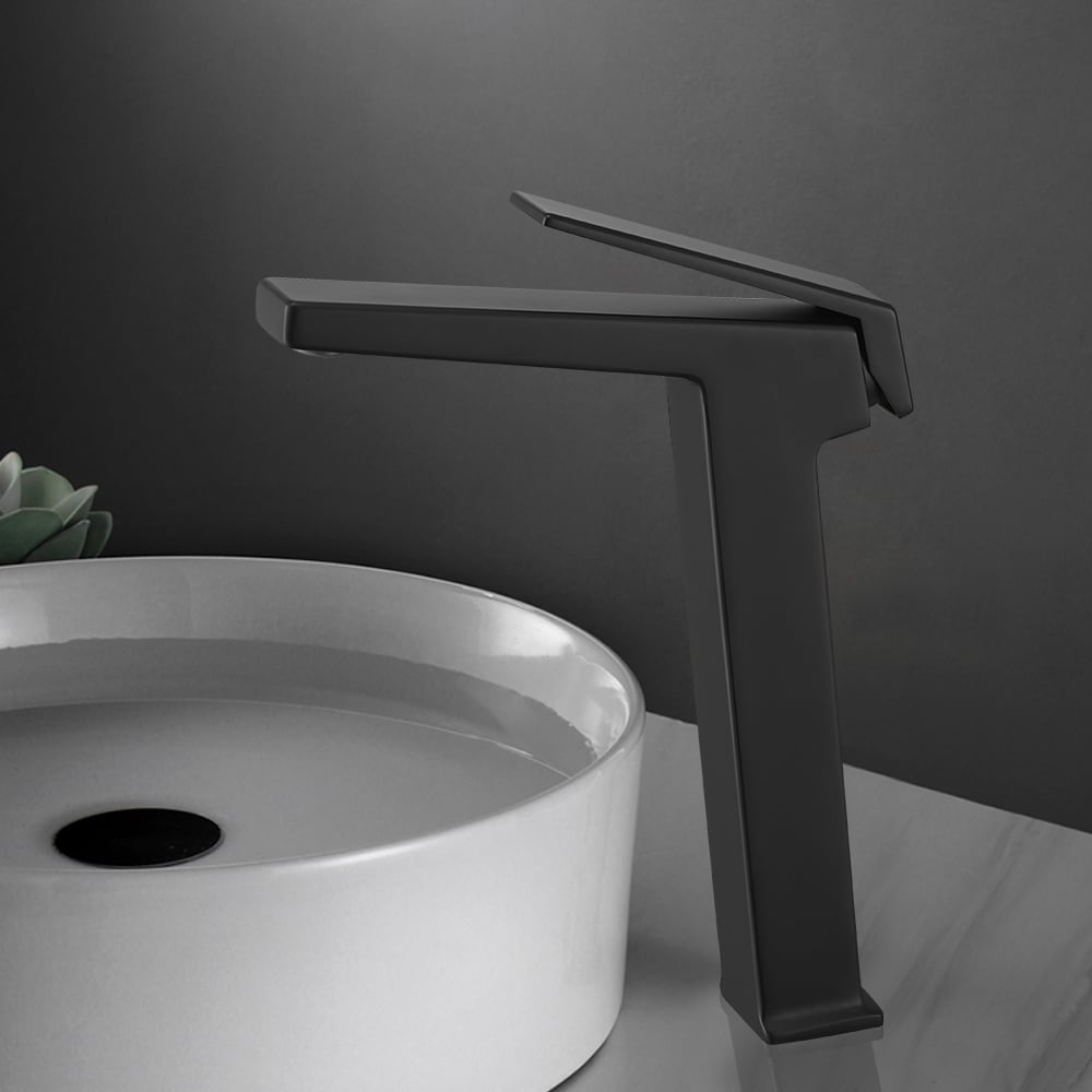 Black Single Lever Handle Bathroom Countertop Tap Monobloc Solid Brass window image