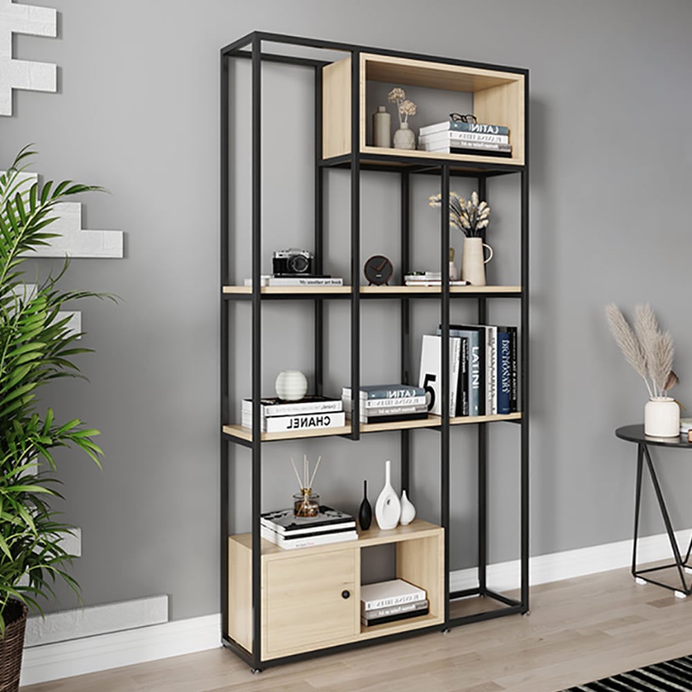 Contemporary Standing Bookshelf with Door in Black&Natural window image