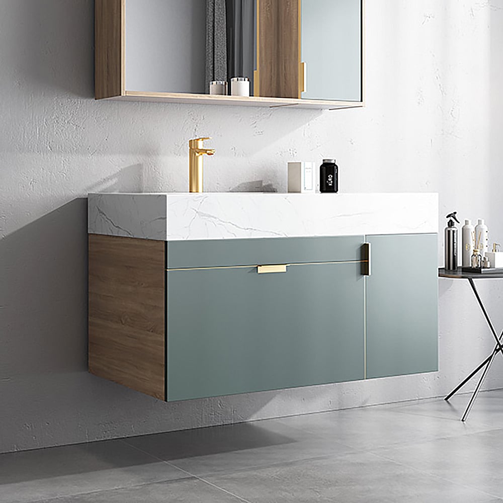 39 „groene drijvende badkamermeubel gesinterd stenen blad en keramiek onderbouw met opslag Vensterafbeelding