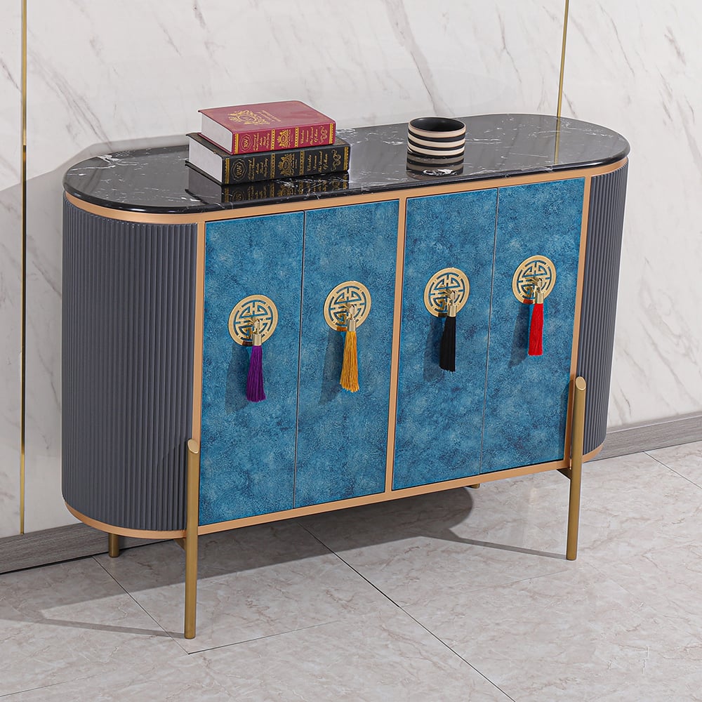 Buffet bleu et gris néochinois ovale 4 portes 4 tablettes Buffet en petit image de fenêtre