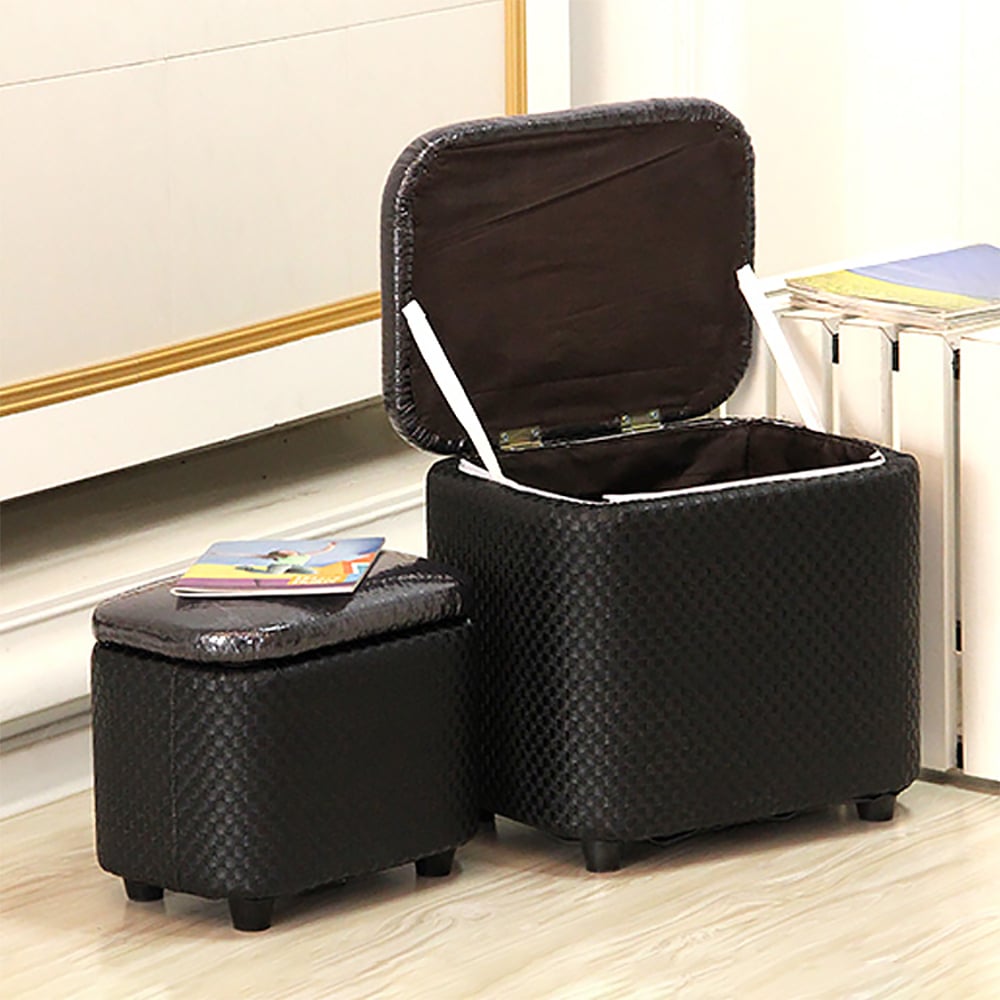 Set of 2 Black PU Leather Storage Ottoman Stool window image
