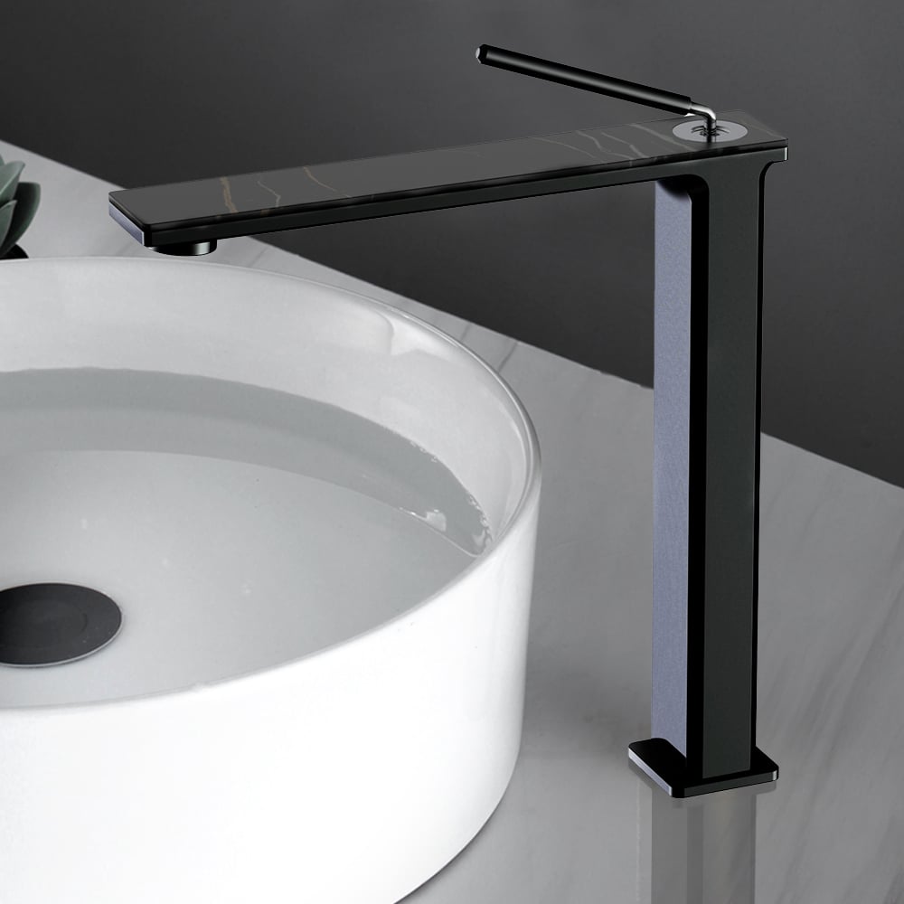 Matte Black Single Lever Handle Bathroom Tall Basin Mixer Tap Monobloc Solid Brass window image