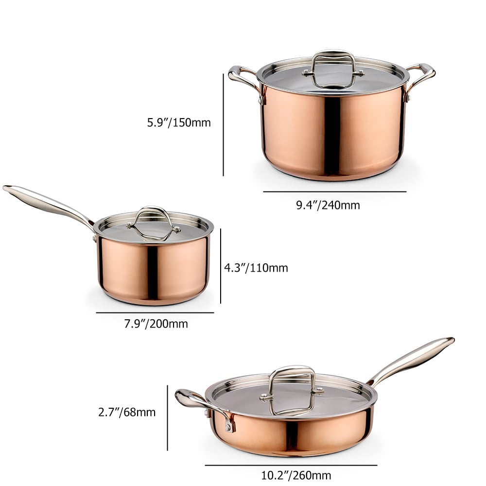 6 Pieces Tri-Ply Bonded Copper Cookware Set Food-grade Stainless Steel Interior