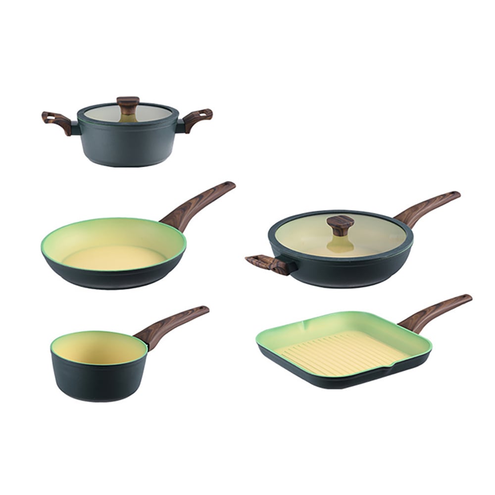 Batterie de cuisine en aluminium antiadhésif 8 pièces, casseroles et poêles de couleur avocat image de fenêtre
