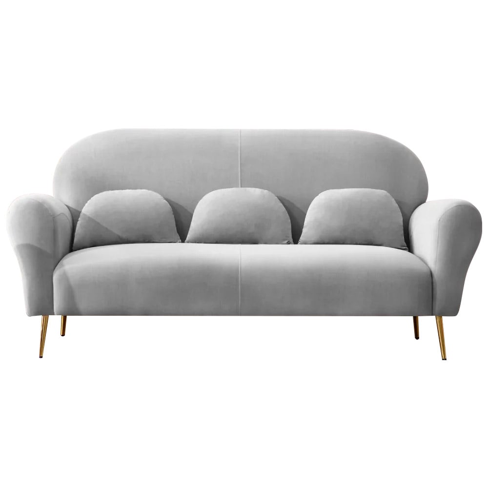 74" Mid-Century 3-Seater Velvet Upholstered Sofa with Pillows Rounded Arm in Gray window image