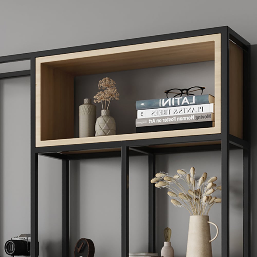 Contemporary Standing Bookshelf with Door in Black&Natural window image