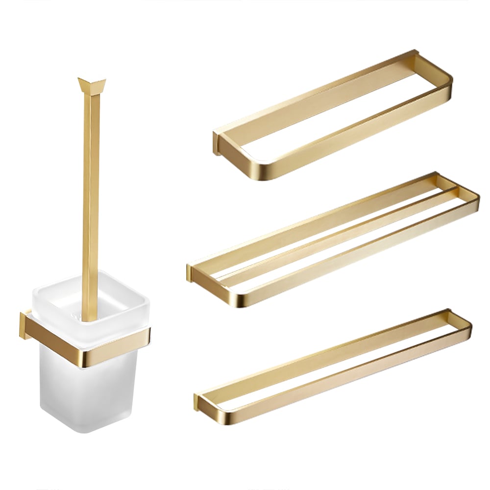 4 Pieces Bathroom Hardware Set Towel Rail and Toilet Brush with Holder in Gold window image