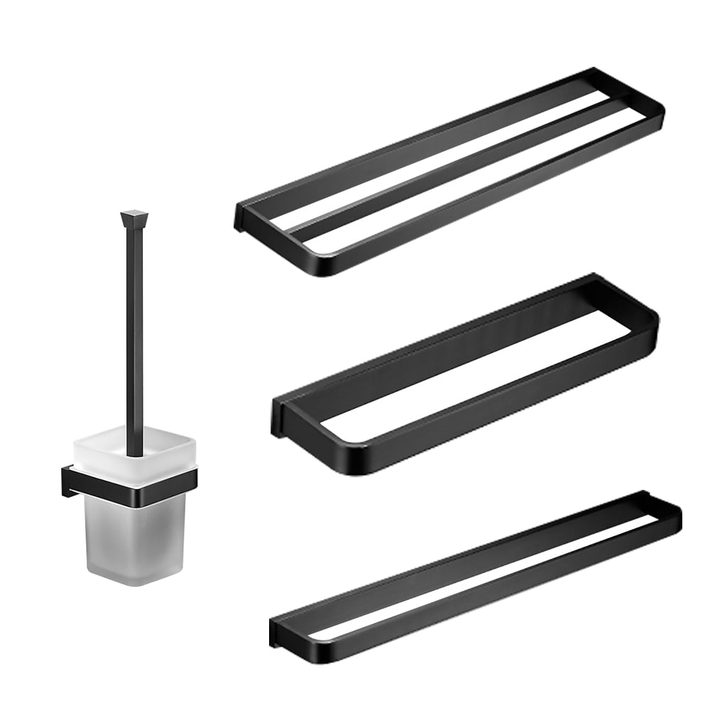 4-delige badkamerhardware set handdoekenrek en toiletborstel met houder in zwart Vensterafbeelding