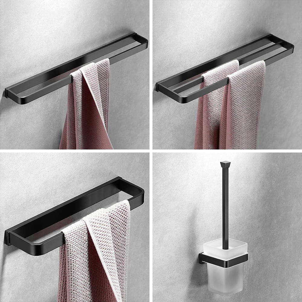 4-delige badkamerhardware set handdoekenrek en toiletborstel met houder in zwart Vensterafbeelding