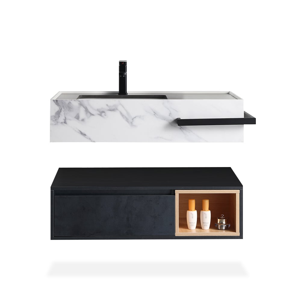 Black Floating Bathroom Vanity Faux Marble & Sintered Stone Top Ceramics Undermount Sink window image