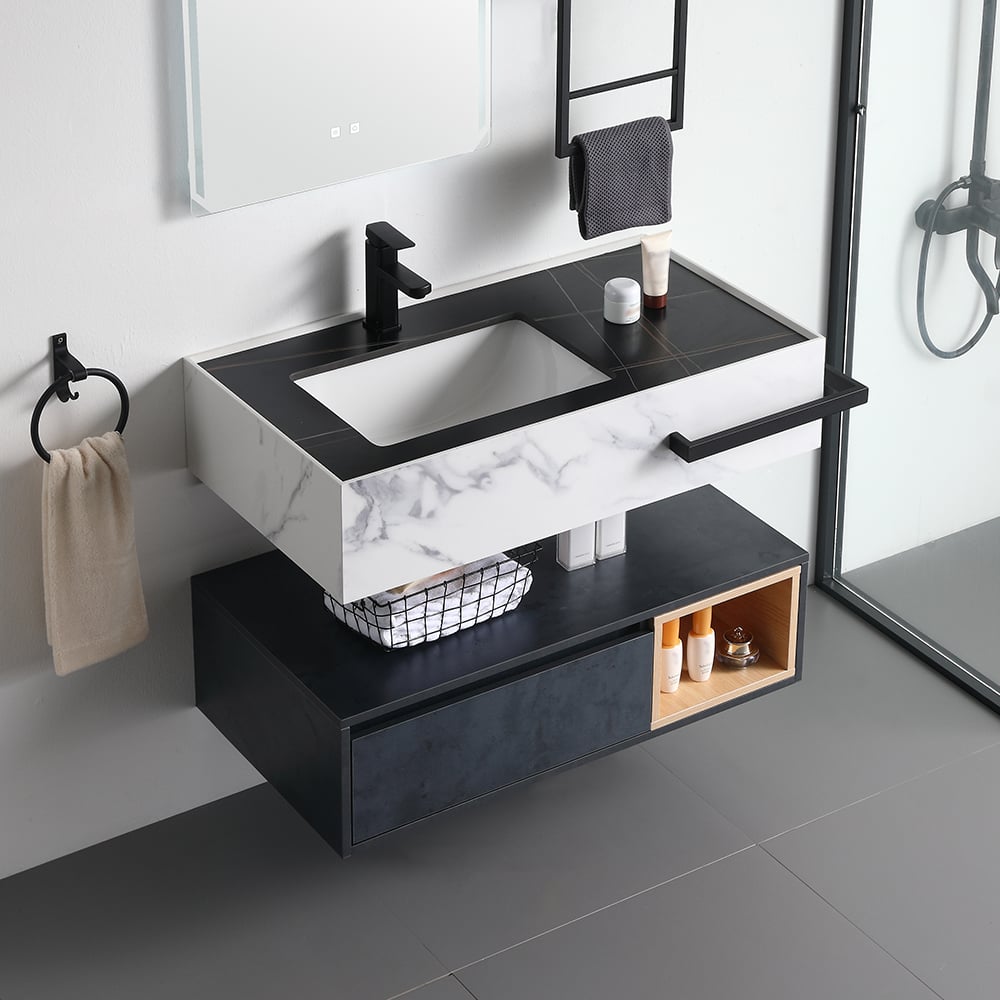 Black Floating Bathroom Vanity Faux Marble & Sintered Stone Top Ceramics Undermount Sink window image