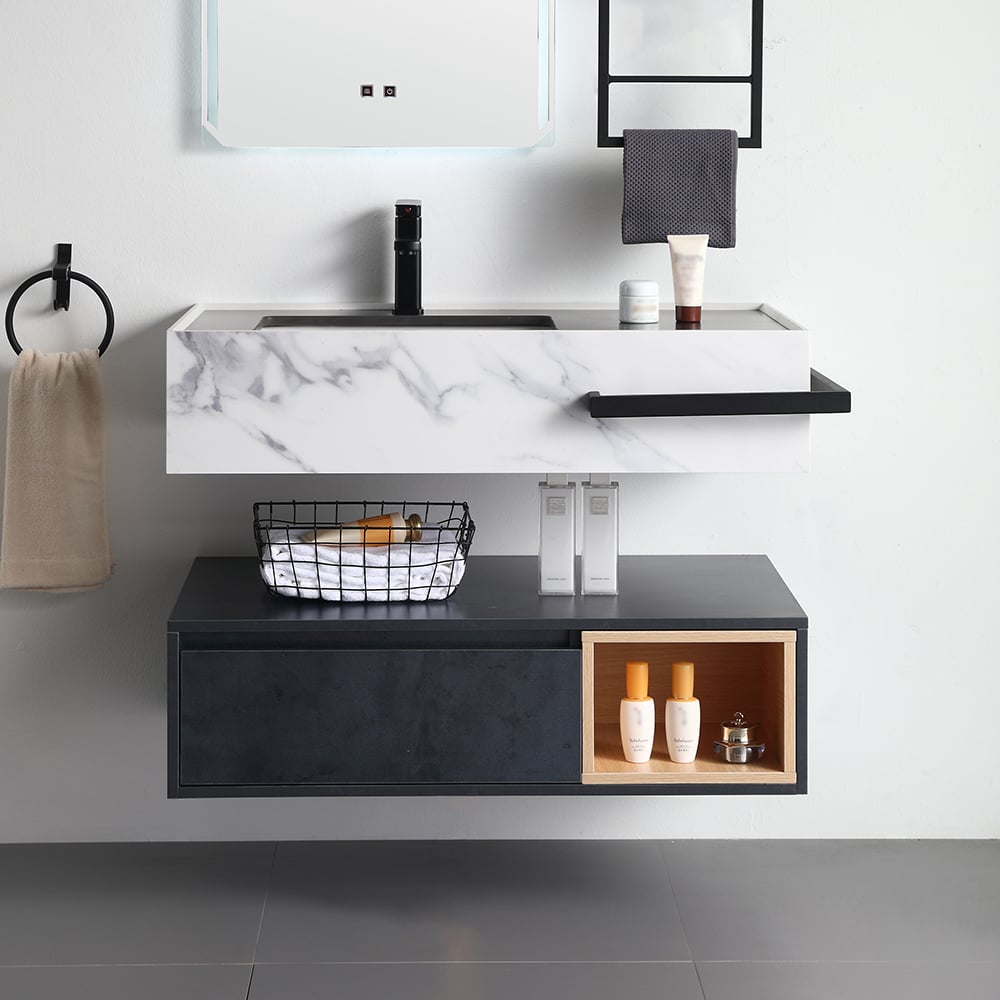 Black Floating Bathroom Vanity Faux Marble & Sintered Stone Top Ceramics Undermount Sink window image