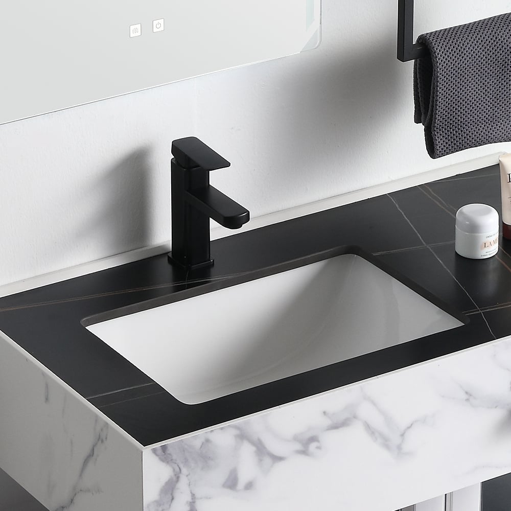 Black Floating Bathroom Vanity Faux Marble & Sintered Stone Top Ceramics Undermount Sink window image