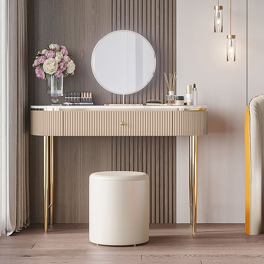 1000mm Champagne Marble Top Mirrored Makeup Vanity Set with 1 Stool window image