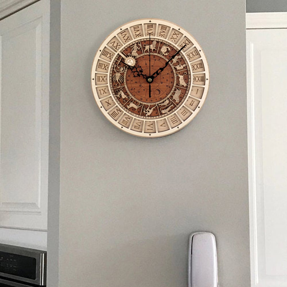 Retro Round Astronomical Wooden Wall Clock with Twelve Constellations Artistic Design window image