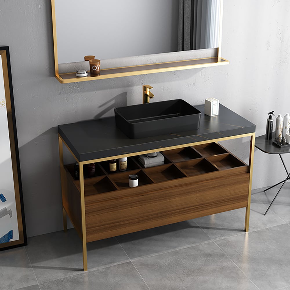 Free-Standing Walnut Bathroom Vanity Sintered Stone Top Ceramics Vessel with Storage window image