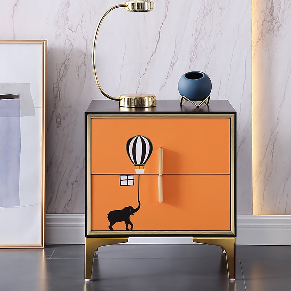 Orange & Black Nightstand with 2 Drawers Contemporary Paint Pattern Gold Pulls window image