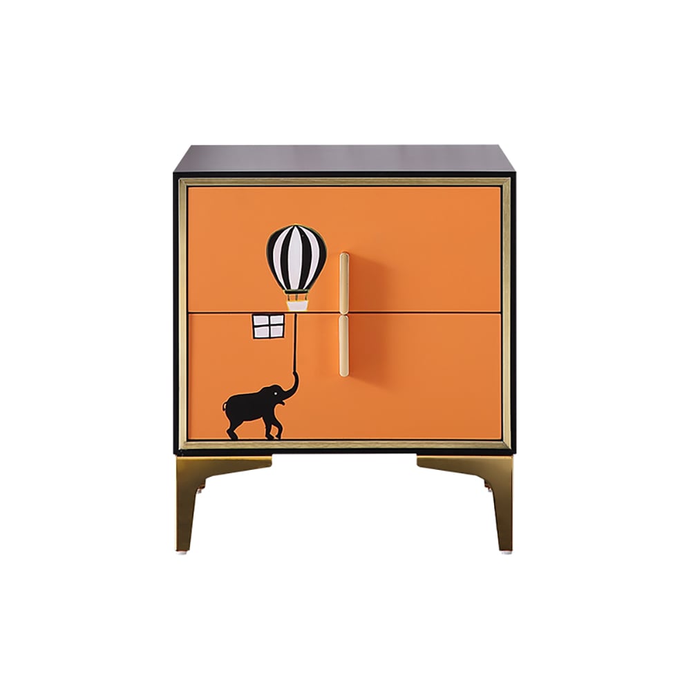 Orange & Black Nightstand with 2 Drawers Contemporary Paint Pattern Gold Pulls window image