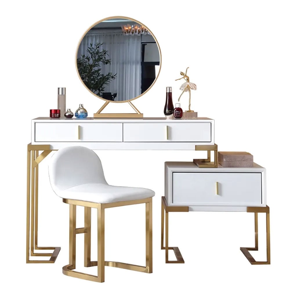White Makeup Vanity Set Retracted & Extendable Table with Cabinet & Mirror & Stool window image