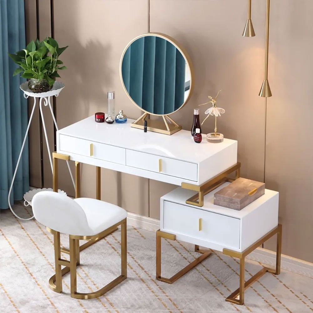 White Makeup Vanity Set Retracted & Extendable Table with Cabinet & Mirror & Stool window image